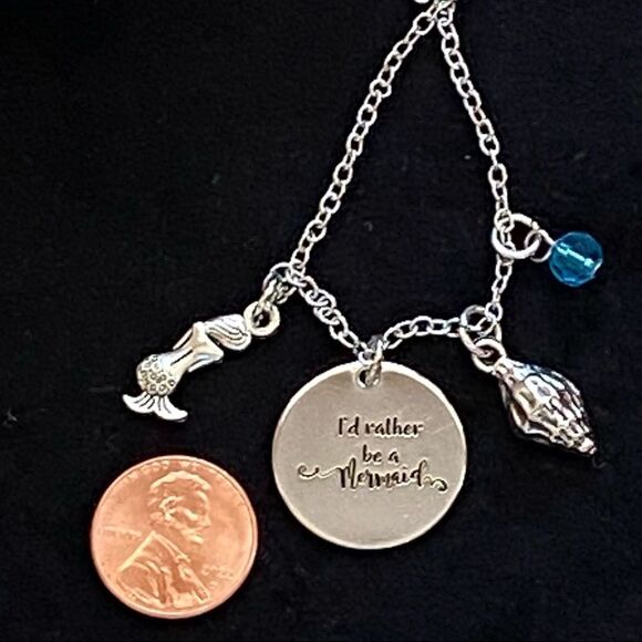 I’d Rather Be A Mermaid Shell Bead Silver Tone Charm Necklace NWT - Picture 7 of 9